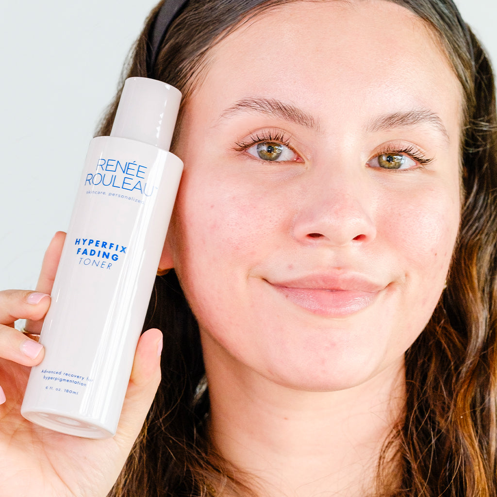 Person with hyperpigmentation modeling Renée Rouleau's Hyperfix Fading Toner after use